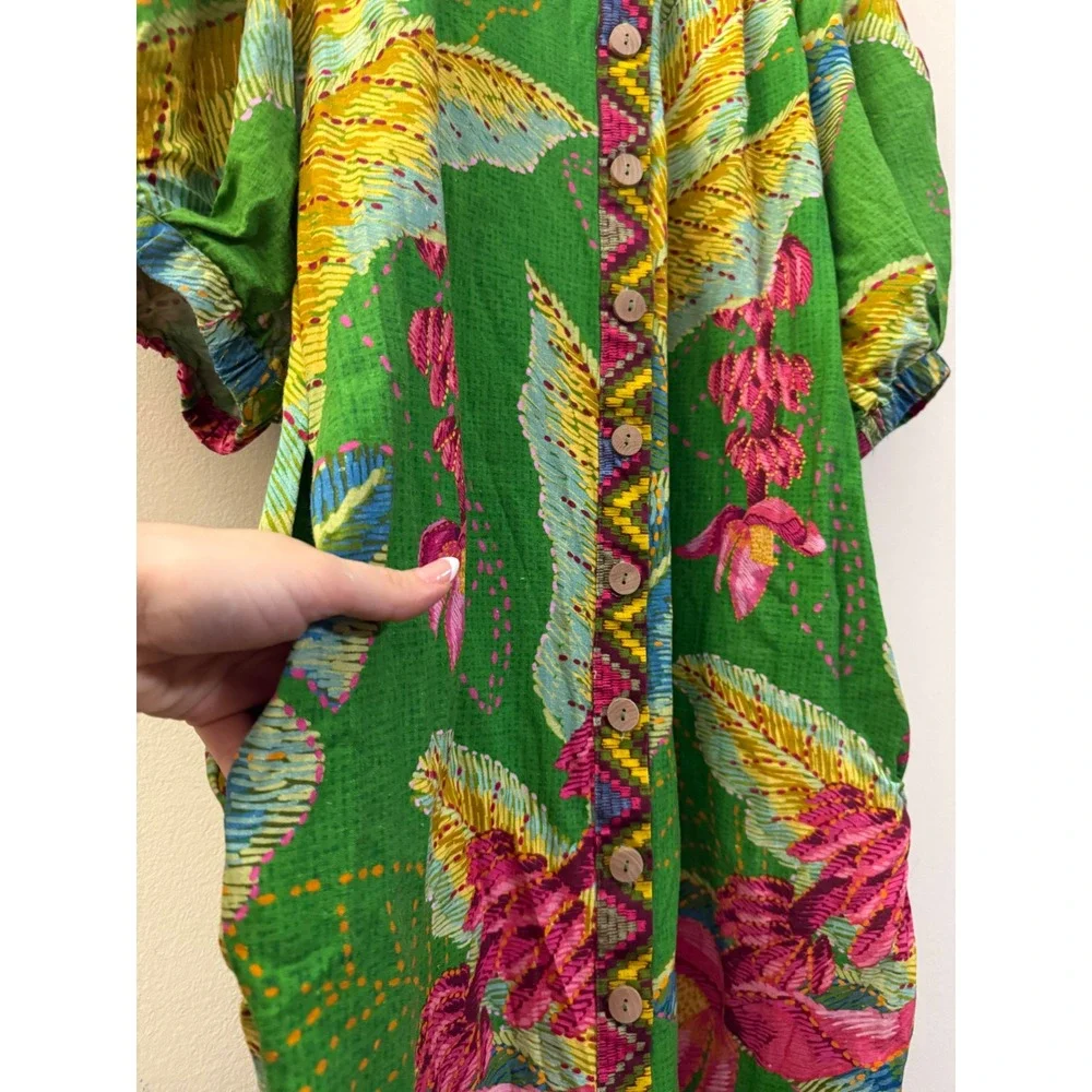 Farm Rio Off The Shoulder Maxi Dress Green Floral Puff Sleeve Button Front M - Picture 5 of 15